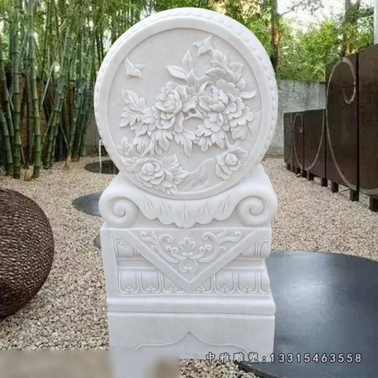 牡丹花浮雕门墩汉白玉招财镇宅抱鼓石