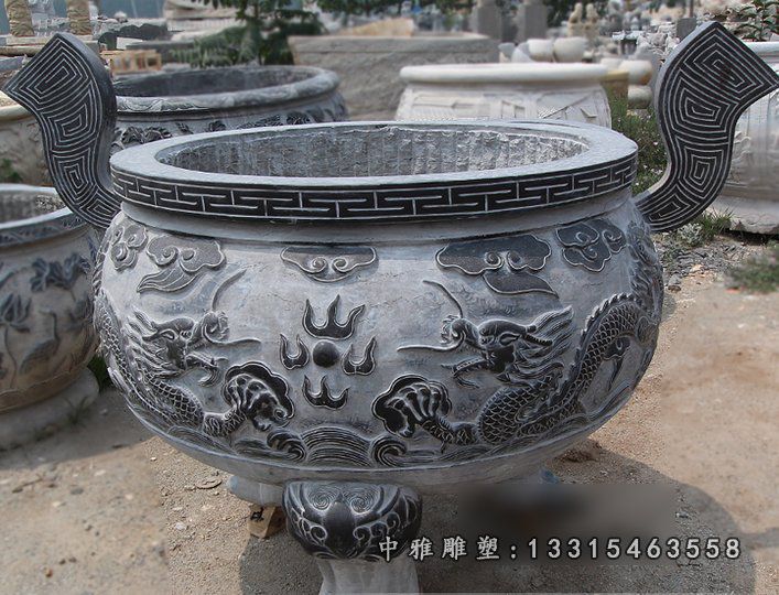 青石香炉雕塑，圆形石香炉