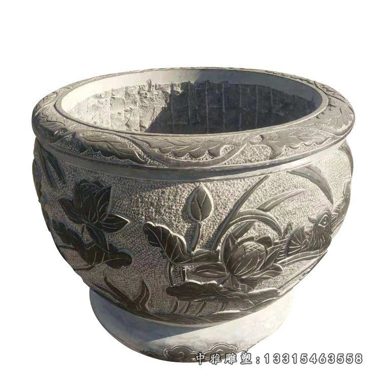荷花鲤鱼浮雕石水缸 青石仿古水缸石雕 (7)