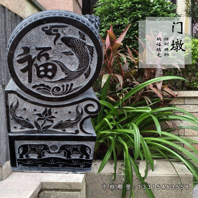 吉祥如意浮雕门墩 青石门口抱鼓石 (2)