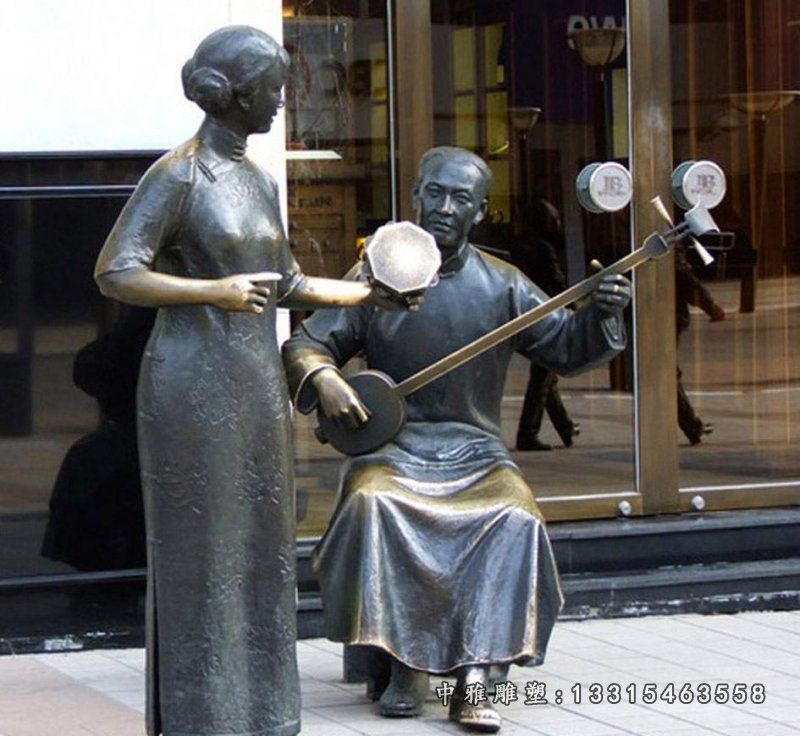 铜雕拉二胡雕塑，铸铜拉二胡人物雕塑