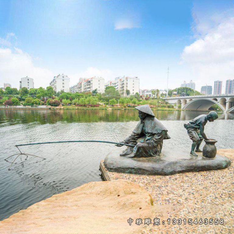 渔翁钓鱼雕塑，公园景观铜雕