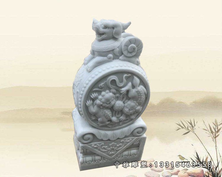 汉白玉貔貅门墩 门口招财抱鼓石雕塑