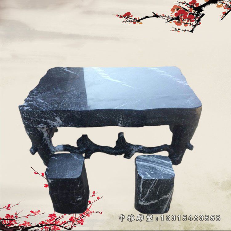 青石仿木方形石桌 庭院石桌凳