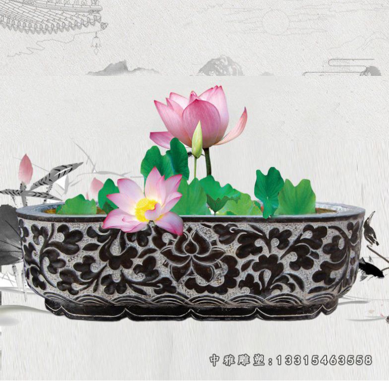 庭院景观石雕，荷花石浮雕鱼缸