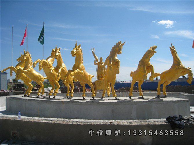 玻璃钢仿铜战马雕塑，玻璃钢太阳神阿波罗战车