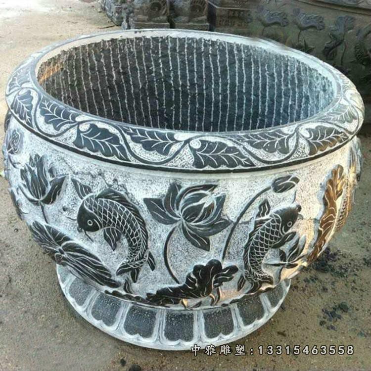 荷花鲤鱼浮雕石水缸 青石仿古水缸石雕 (2)
