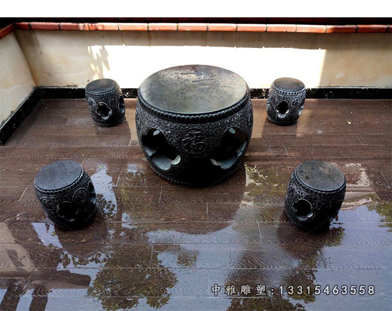 福字浮雕镂空桌凳，庭院圆桌凳石雕