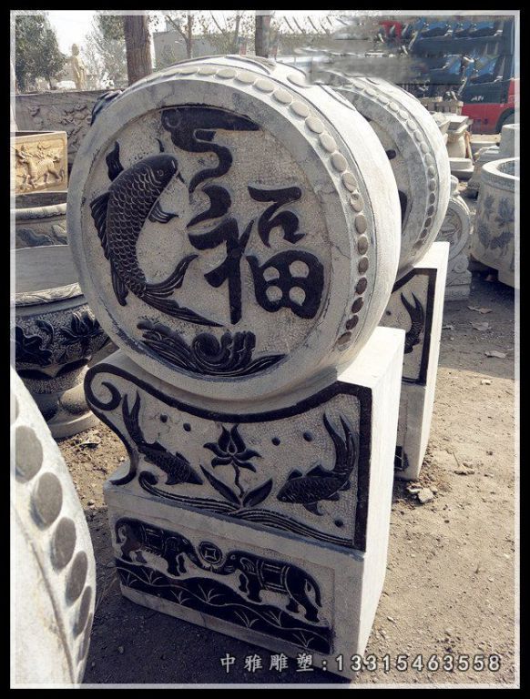 福鱼浮雕抱鼓石，青石仿古门墩 (3)