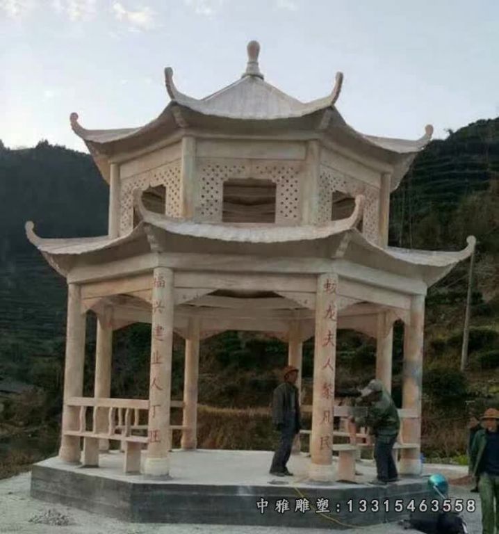 晚霞红八角双层凉亭石雕