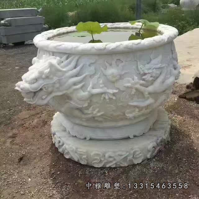汉白玉龙头浮雕石水缸