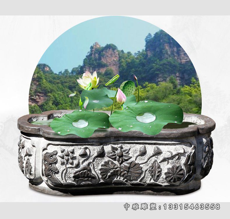 荷花石浮雕鱼缸，复古养鱼缸