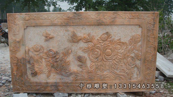 花开富贵石浮雕，晚霞红花朵浮雕 (1)