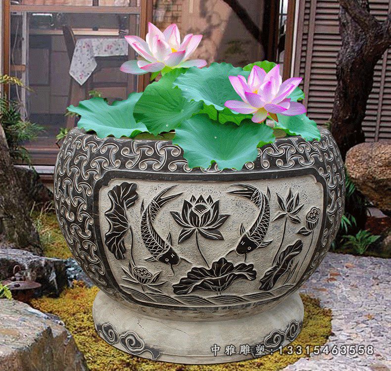 公园荷花花盆石雕