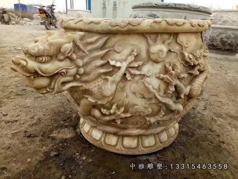 仿古龙浮雕水缸雕塑