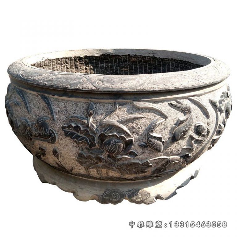 仿古荷花鲤鱼水缸石雕