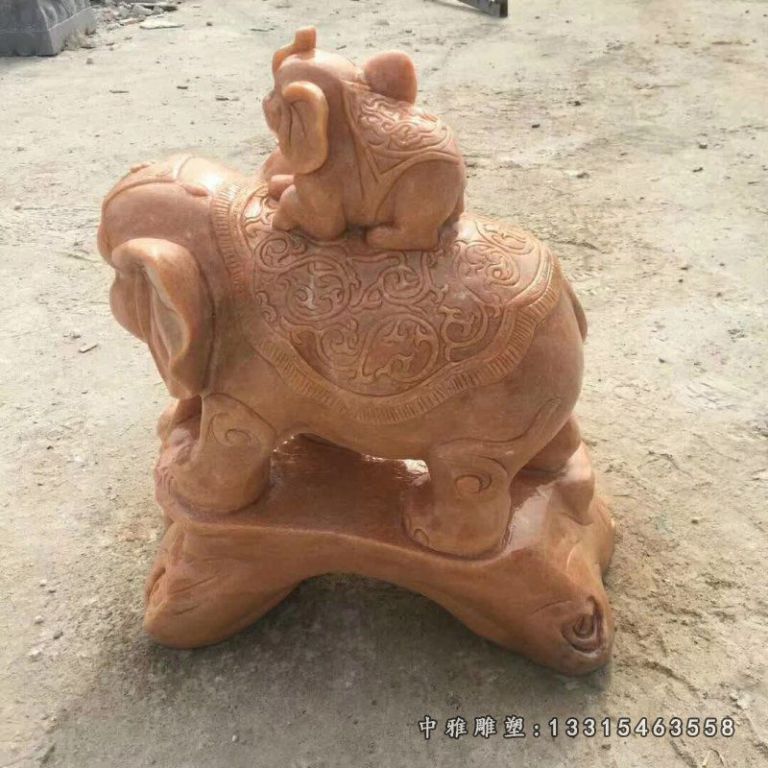 晚霞红母子小象雕塑