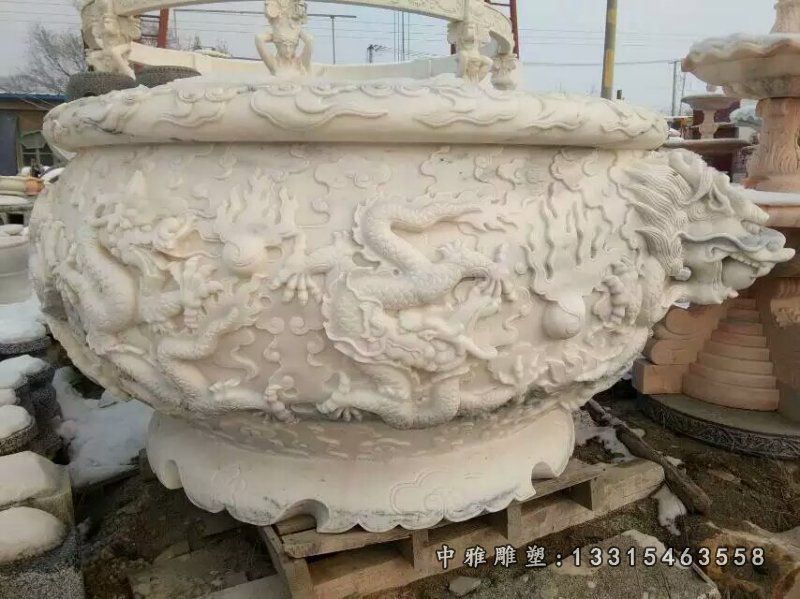 汉白玉龙浮雕水缸雕塑